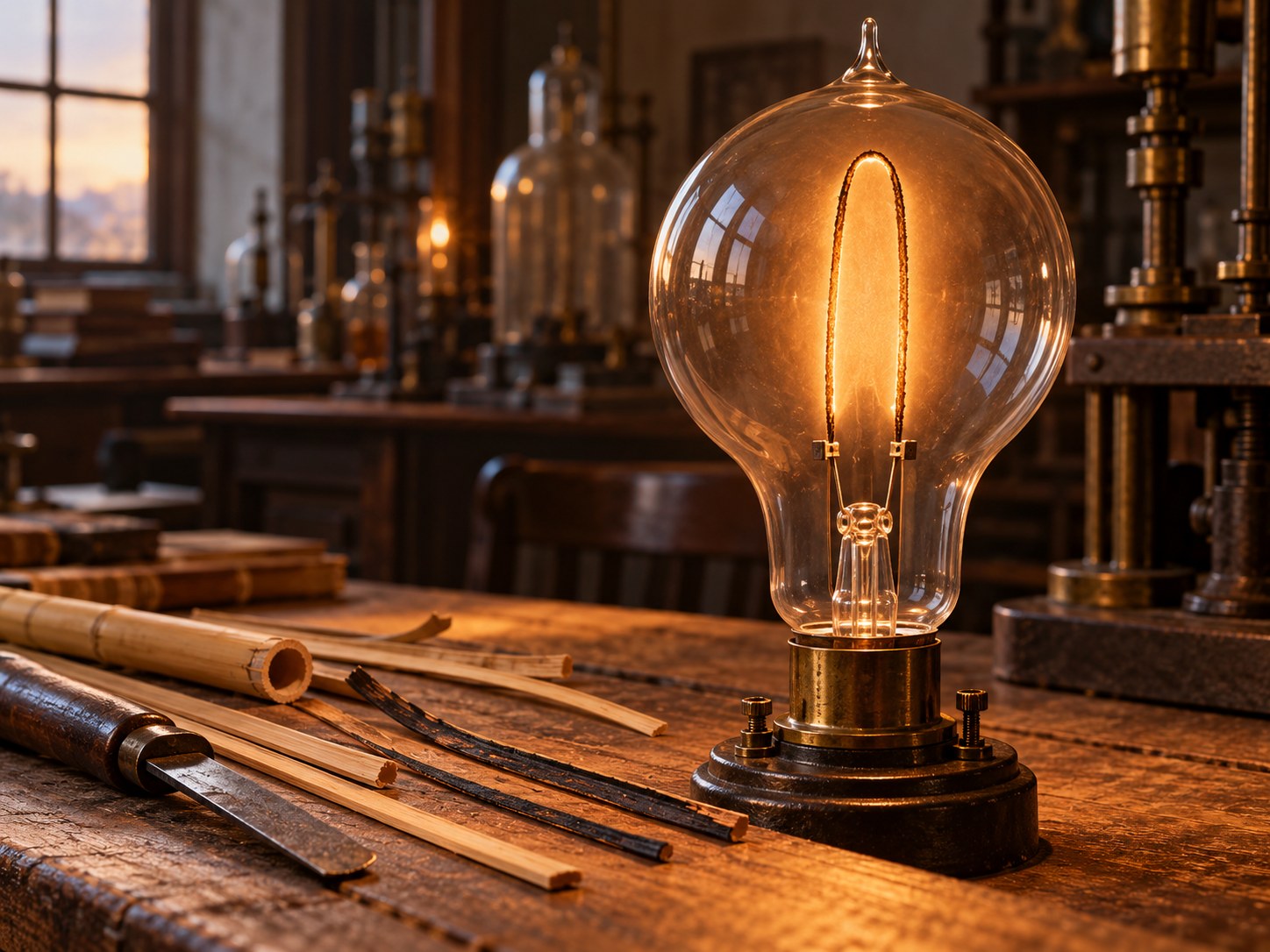 AI-generated interpretation of a later incandescent lamp using a carbonized bamboo filament; not an Edison artifact photograph.