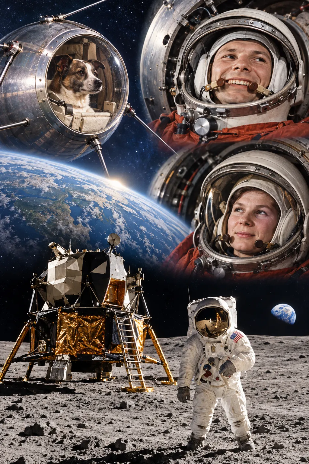 AI-generated conceptual collage of Laika, Gagarin, Tereshkova, and Apollo-era lunar exploration. It is interpretive artwork, not archival evidence; it is used as the labeled opening illustration in the fact-576 video.