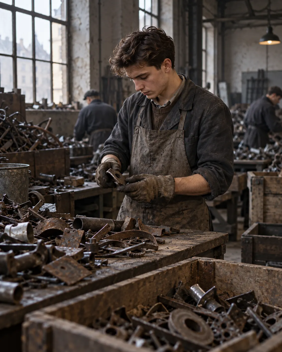 Титульна AI-згенерована ілюстрація / AI-generated cover illustration. An anonymous worker sorts scrap metal in a wartime salvage workshop, representing Lem’s job; the figure is not Lem.