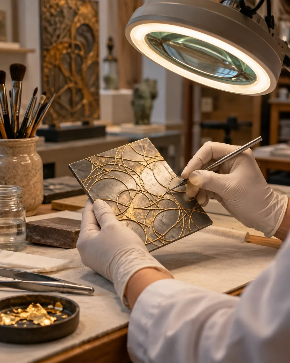AI-generated with OpenAI image generation. Prompt: “Distinct photorealistic editorial image in a museum conservation studio: a conservator examines an abstract decorative metalwork sample beneath a magnifying lamp, thin gold wire pattern visible on a steel tile, no weapon, no blade, no readable text, no logos, no faces. Warm, careful documentary lighting, portrait 4:5.”
