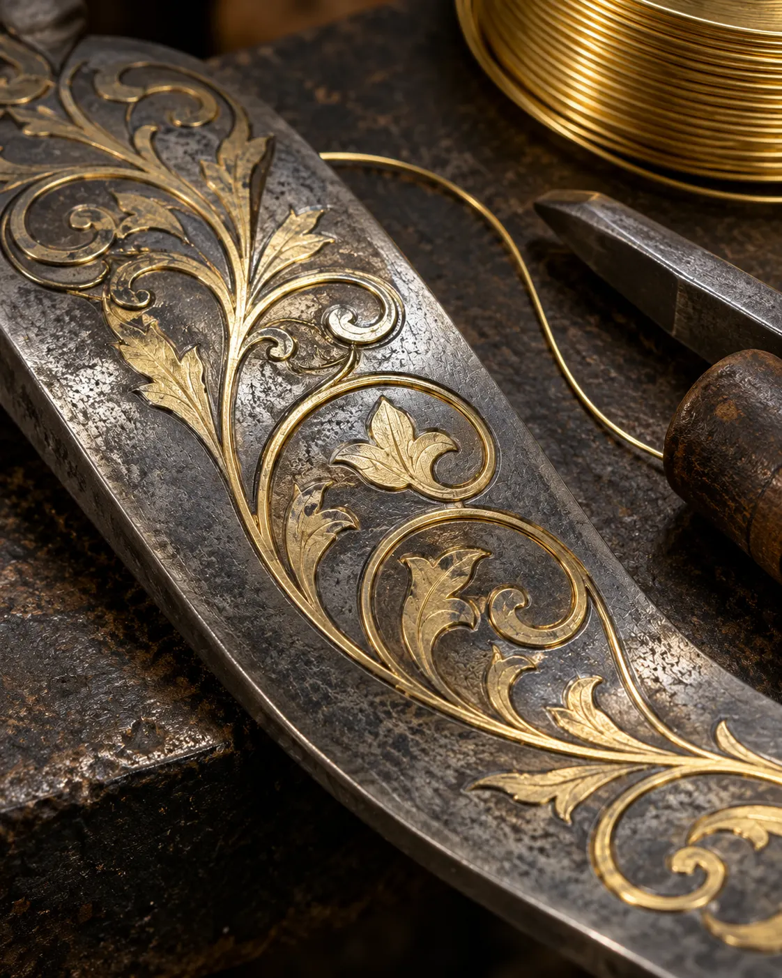 AI-generated with OpenAI image generation. Prompt: “Photorealistic editorial cover for a museum article on precious-metal wire inlay techniques. Macro view of a decorative steel sample with thin gold wire set into shallow ornamental grooves on a dark work surface, no readable text, no weapons, no people, no logos. Museum-quality light reveals fine craft detail, portrait 4:5.”