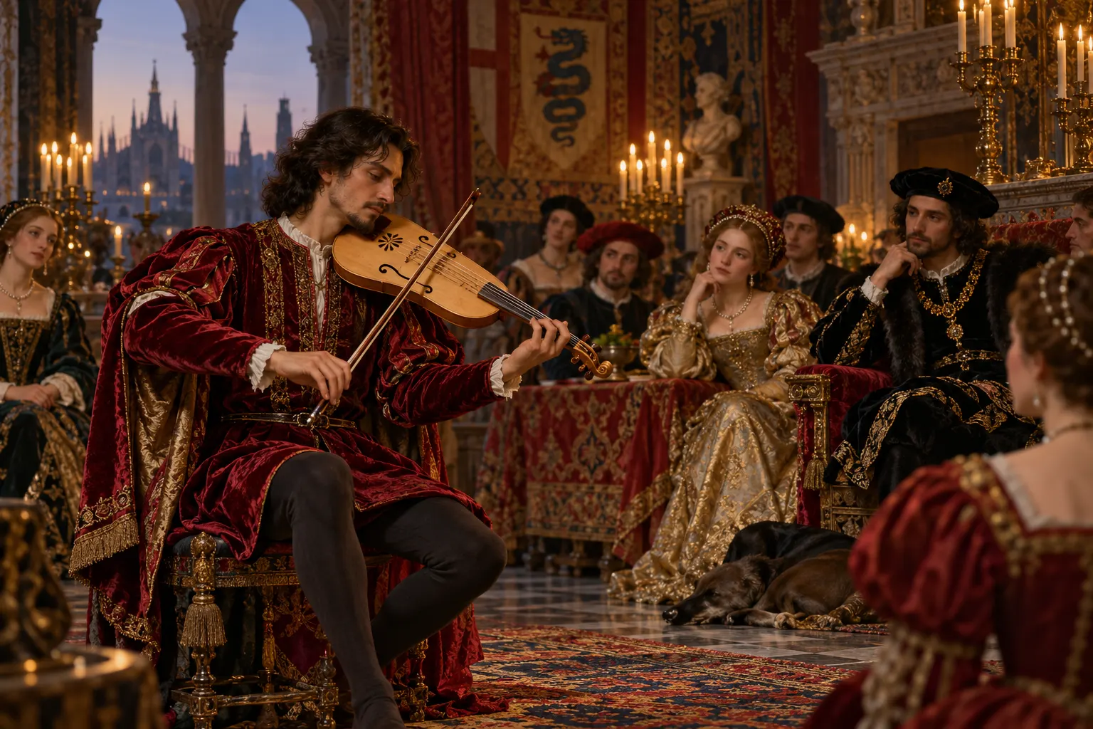AI-generated illustration of a Renaissance musician performing for a noble audience.