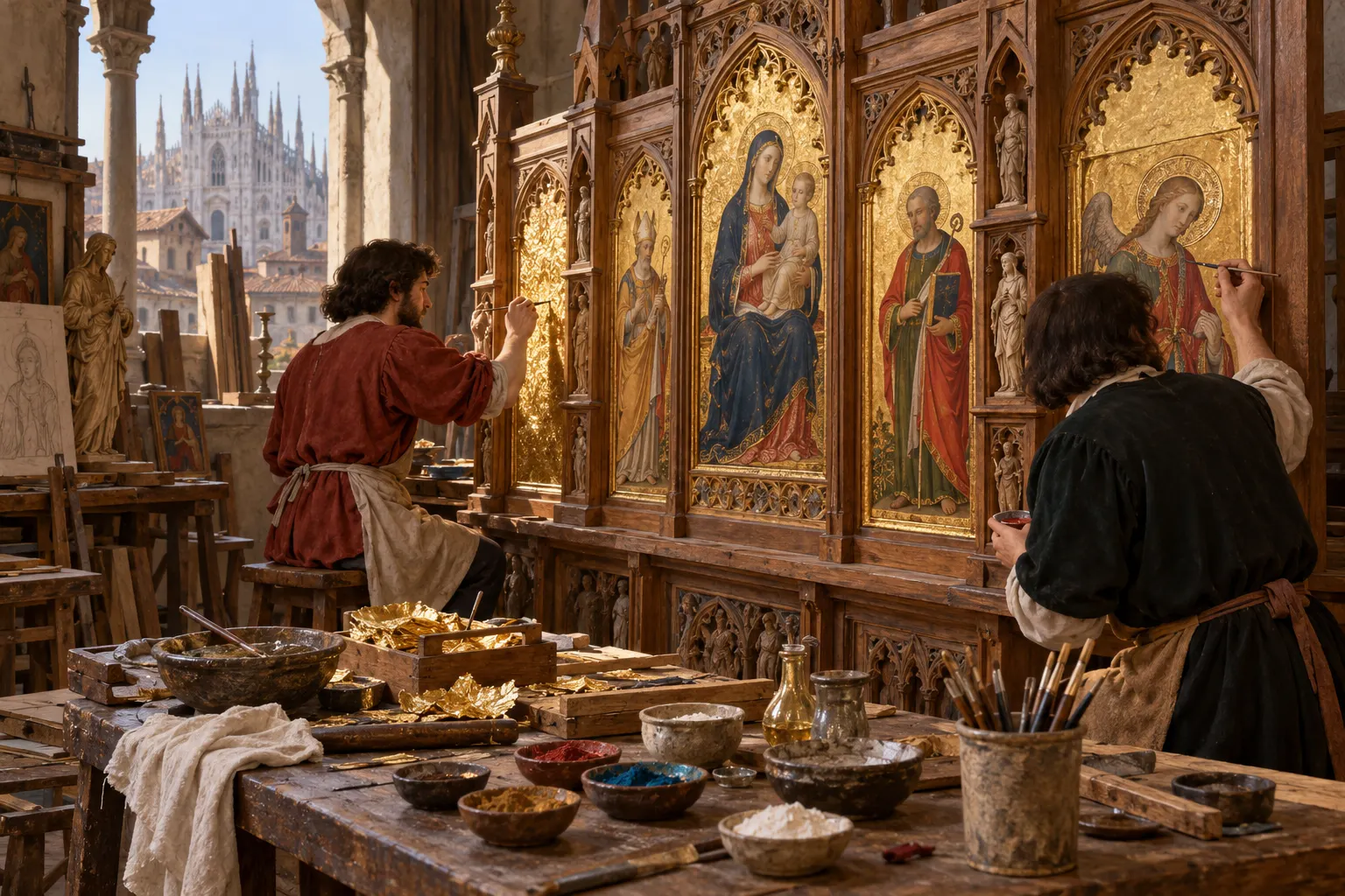AI-generated illustration of painters preparing and gilding a carved altarpiece in a late 15th-century workshop.