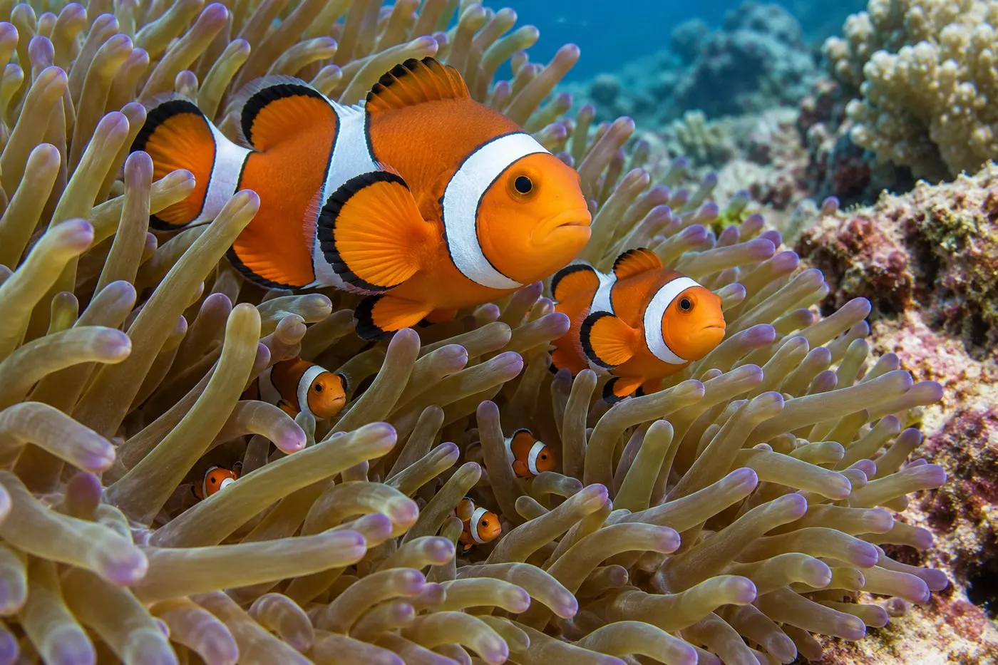 A clownfish social group with larger adults and smaller juveniles among anemone tentacles.
