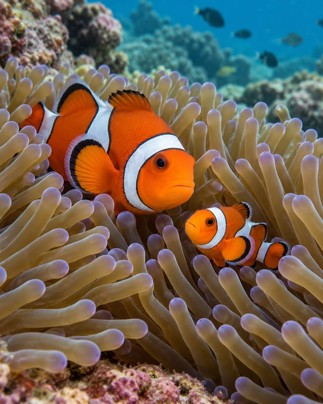 Титульна AI-згенерована ілюстрація / AI-generated cover illustration. A larger common clownfish and its smaller partner shelter among anemone tentacles.
