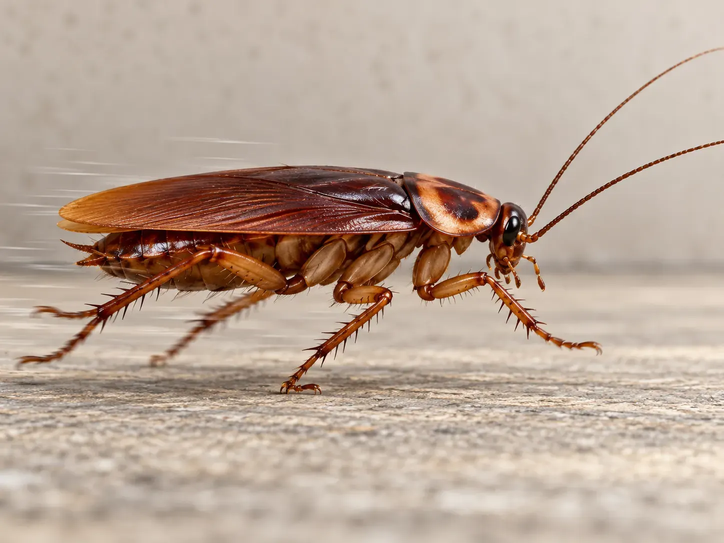 original AI-generated editorial illustration of an American cockroach running. Generated for this package on 2026-10-13. No external creator, URL, or third-party license applies; the project may reuse it. It is illustrative, not an image of the measured specimen. Both language versions disclose AI creation.