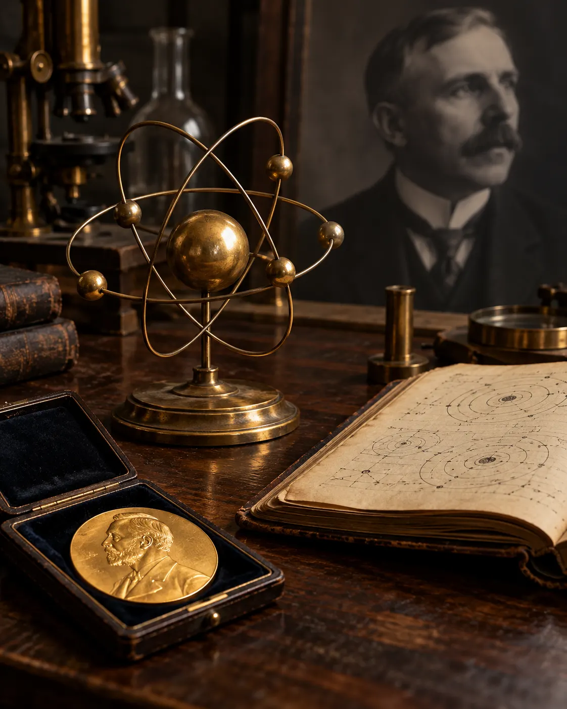 AI-generated cover image (created 2026-10-19), using a generic atom model, laboratory notebook and Nobel medal to evoke Rutherford’s award. It does not depict objects known to belong to him. Exact prompt: “Photorealistic editorial cover for Ernest Rutherford's 1908 Nobel Prize in Chemistry: a brass atom model and an old laboratory notebook beside a Nobel medal on a dark wooden desk, a subtle portrait silhouette in the background, vertical 4:5. Historically evocative generic scene, not claiming the objects belonged to Rutherford, no readable text or logos.”
