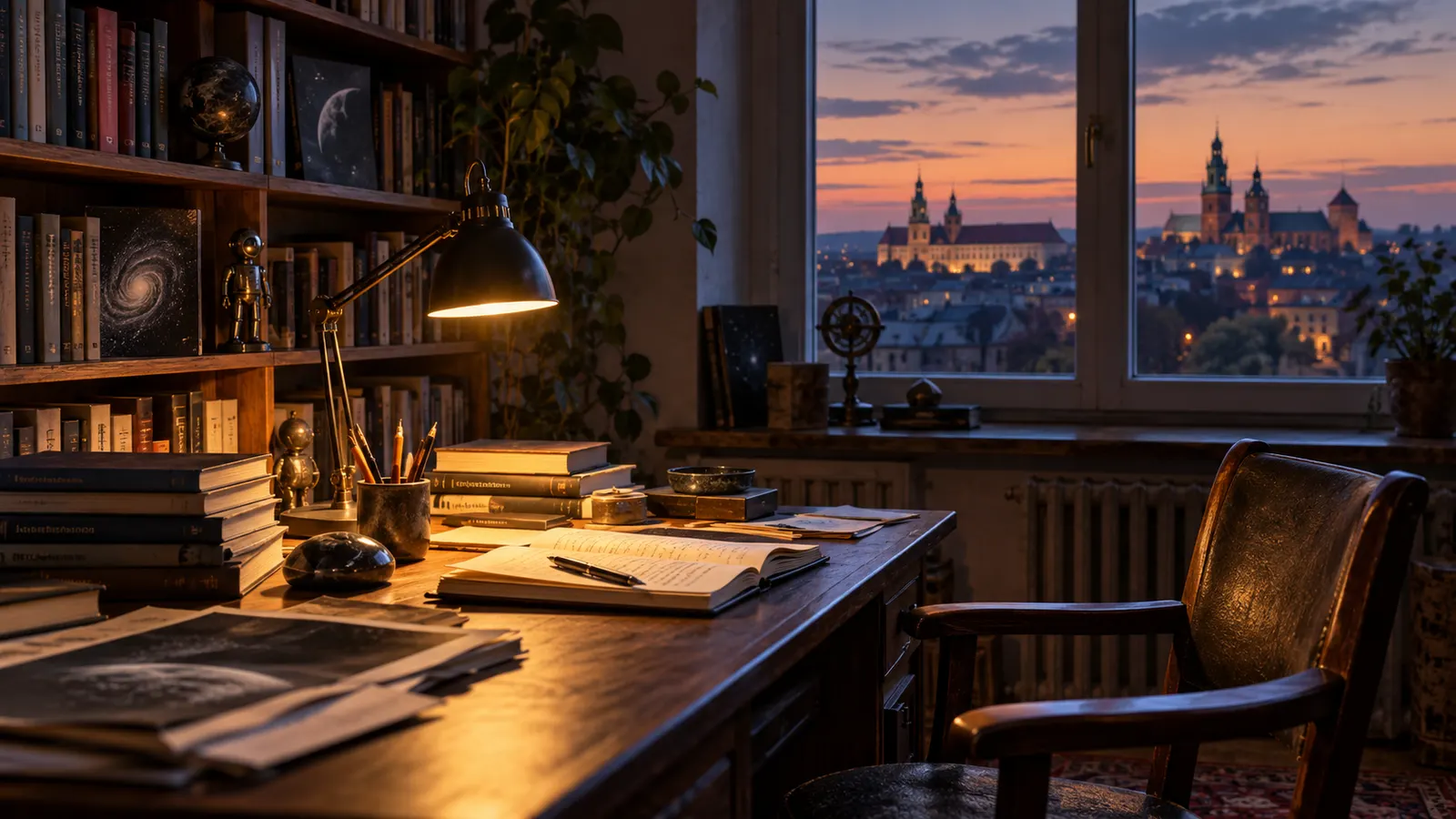Титульна AI-згенерована ілюстрація / AI-generated cover illustration. A quiet writer’s study at dusk in Kraków, with an empty chair, notebook, and bookshelves, suggesting the end of a literary life.
