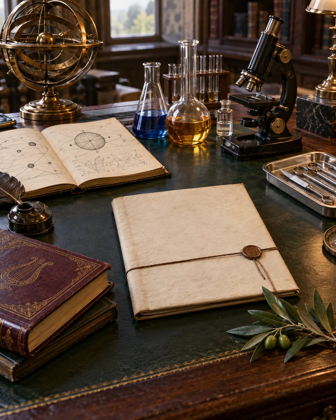 AI-generated cover: generic scholarly objects representing the five fields named in Nobel’s will, beside a fictional blank folio; it does not reproduce the historical document. Prompt: “Photorealistic vertical 4:5 editorial cover about the five prize fields named in Alfred Nobel's 1895 will. Show five distinct scholarly objects arranged elegantly on a wooden archival desk: physics notebook, chemistry glassware, medical instrument, poetry book, and a small olive branch symbol for peace, beside a closed blank will folio. Historically neutral, no readable text, no logos, no medals, no flags, no real people.” Generated 19 October 2026.