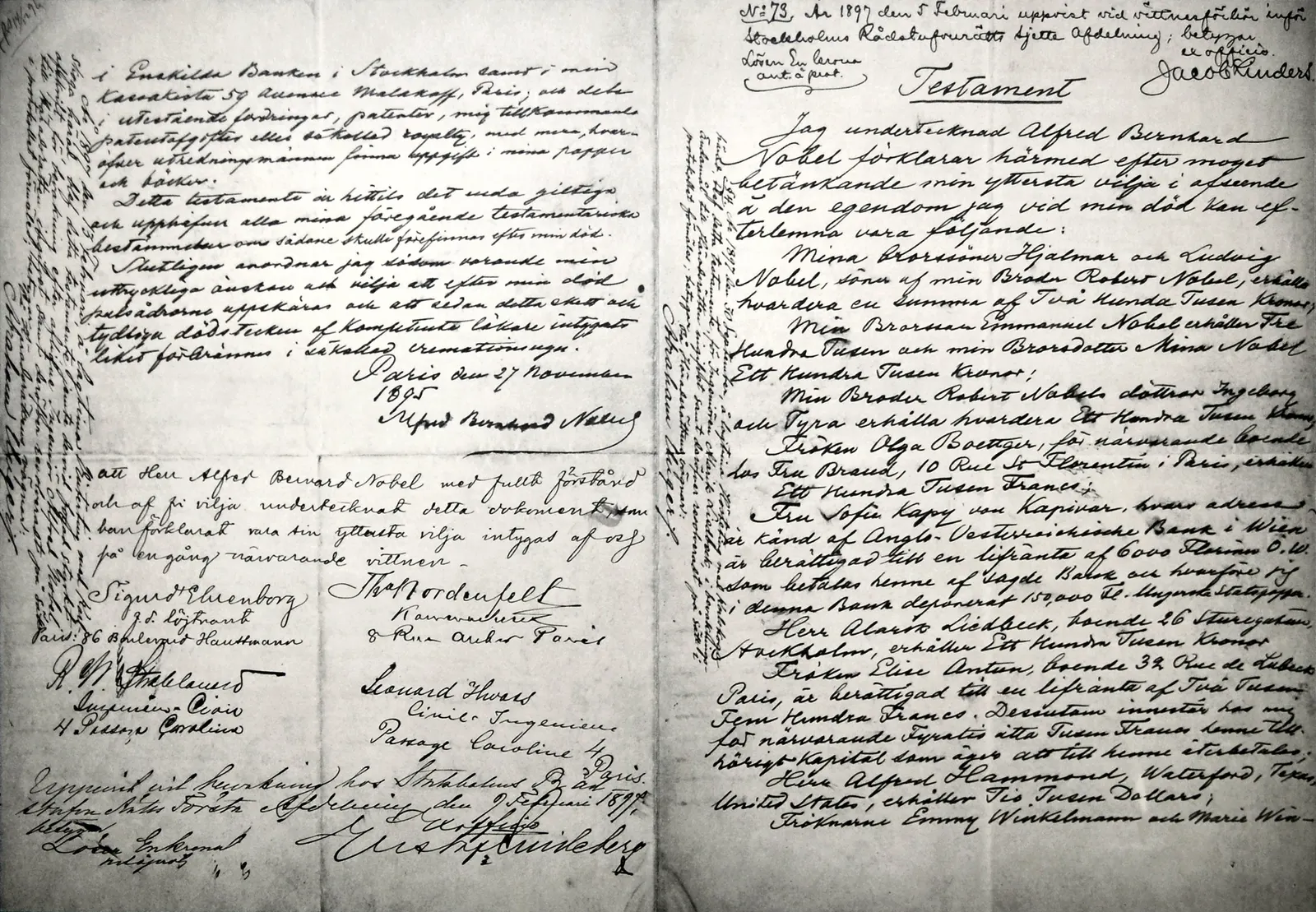 photograph of Alfred Nobel’s last will, dated 27 November 1895. Document by Alfred Nobel; photograph by Prolineserver. Commons marks the document image public domain in its country of origin and other countries with life-plus-100-year terms, and includes a Public Domain Mark; its page notes possible jurisdiction caveats. Attribution: document Alfred Nobel; photograph Prolineserver via Wikimedia Commons. Source: [file page](https://commons.wikimedia.org/wiki/File:Alfred_Nobels_will-November_25th,_1895.jpg). Original file, no edits; checked 18 October 2026.