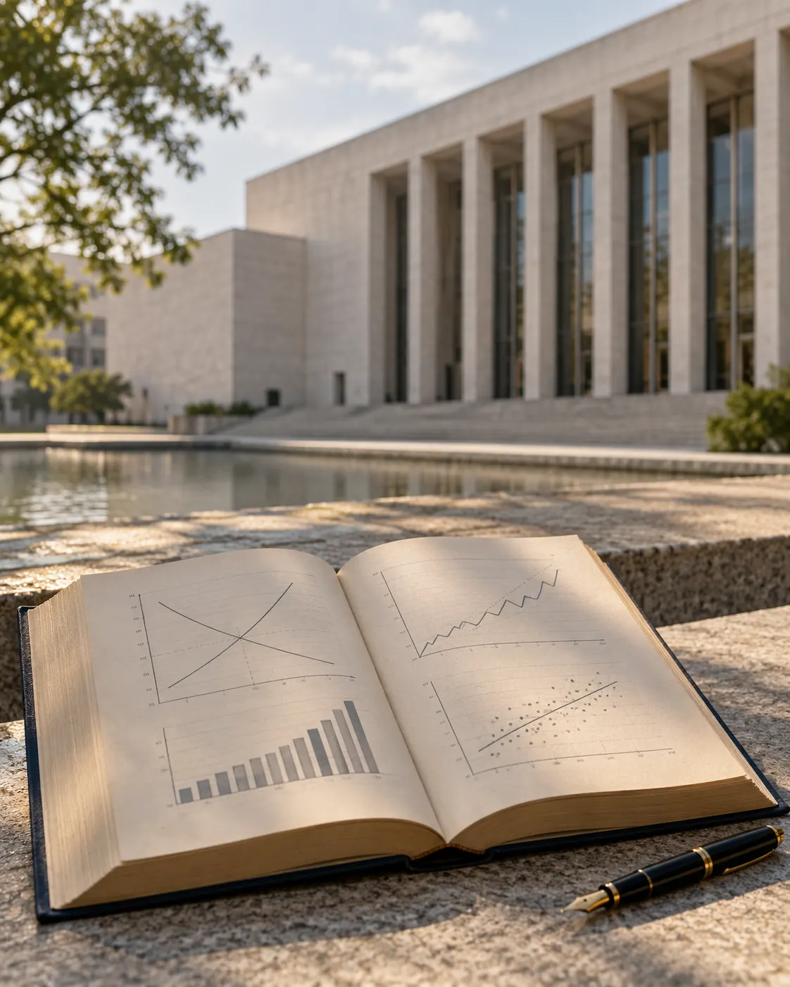 AI-generated generic editorial scene of economics research and a mid-century institutional facade, illustrating the later addition of economics as a prize field; no actual bank or award is shown. Prompt: “Photorealistic vertical 4:5 editorial image about economics being added as a prize field decades after the original five. Show an open mid-century economics textbook with simple abstract charts beside a plain fountain pen, with a generic modernist Scandinavian institutional facade softly out of focus in the background. No awards, medals, portraits, currency, seals, readable text, logos, labels, or people.” Generated 19 October 2026.