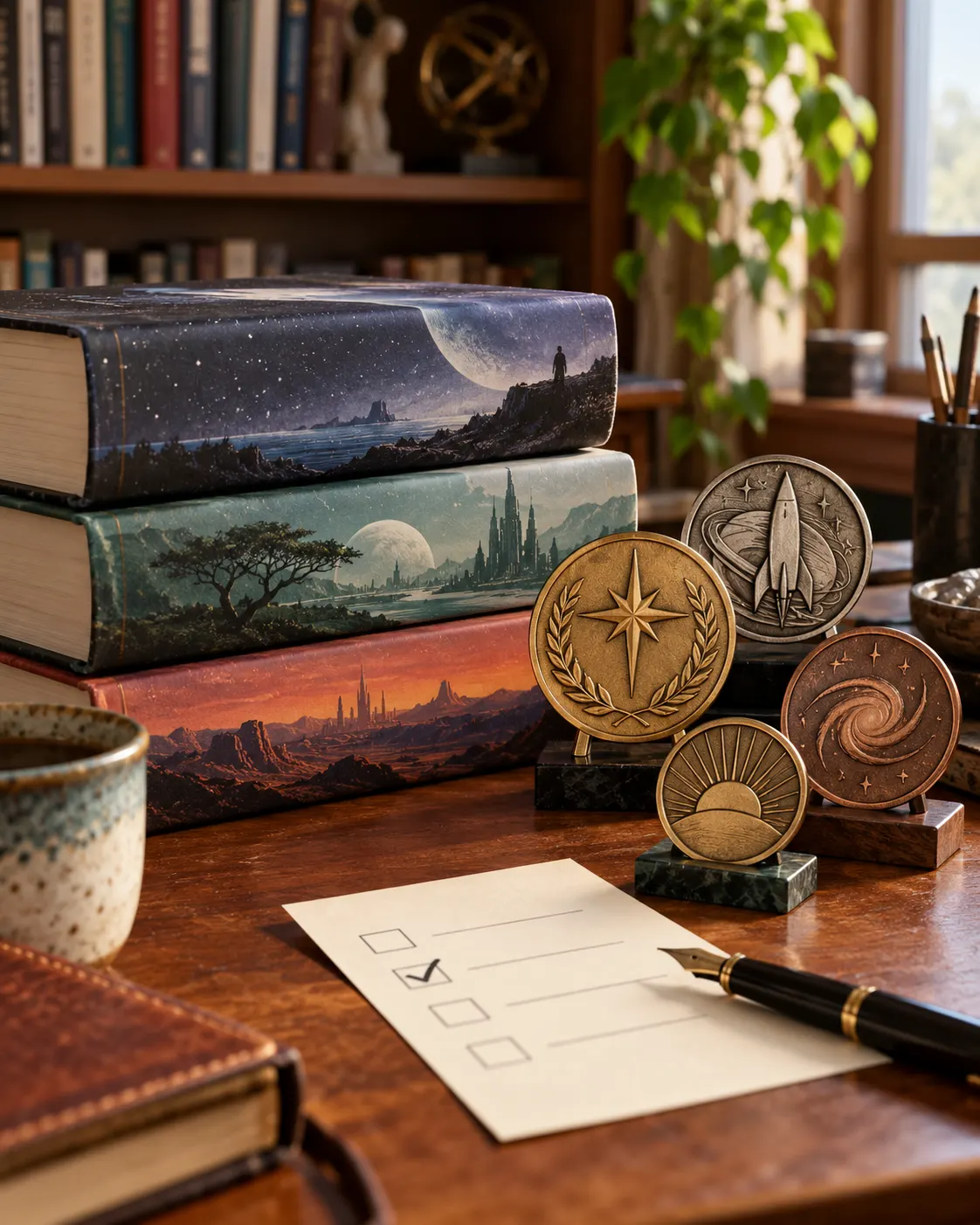AI-generated cover showing generic speculative-fiction books and symbolic medallions beside a blank ballot; no real awards or books are depicted. Prompt: “Photorealistic editorial cover for a story about Ursula K. Le Guin receiving repeated readers' poll awards: an elegant arrangement of three generic science-fiction books beside several distinct small award medallions and a ballot card, on a writer's desk, vertical 4:5. No readable titles, logos, named award insignia, or claim these are her actual books or trophies. Realistic warm light.” Generated 2026-10-19.