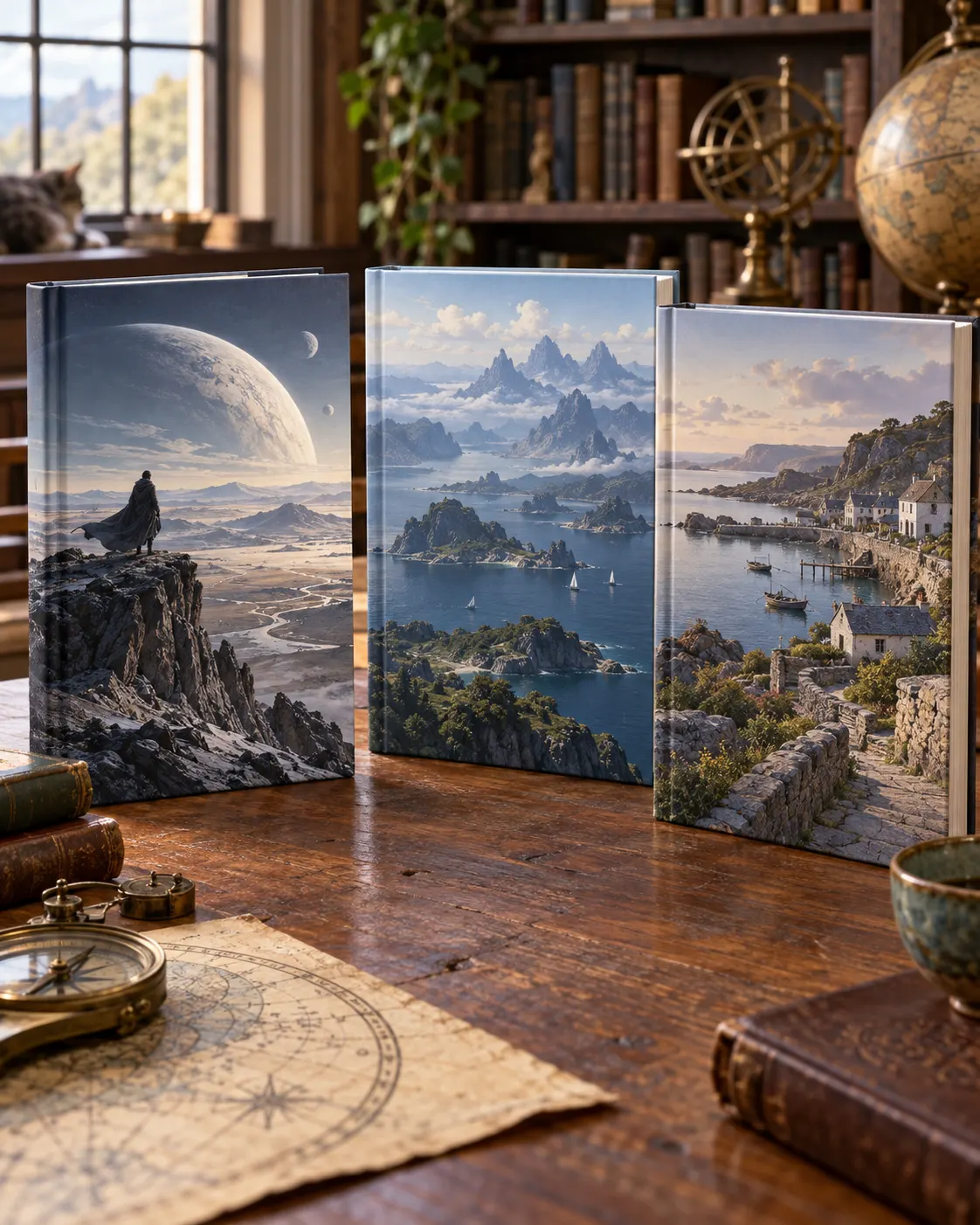 AI-generated display of imaginary speculative fiction book covers; no actual Le Guin editions or jacket art. Prompt: “Photorealistic editorial display of three different generic speculative-fiction hardbacks on a wooden library table, one with a windswept planet landscape, one with a distant mountain archipelago, one with a quiet coastal village, all cover art entirely fictional and with no title or text. Evoke the breadth of Ursula K. Le Guin's recognized books without reproducing their actual covers, vertical 4:5.” Generated 2026-10-19.