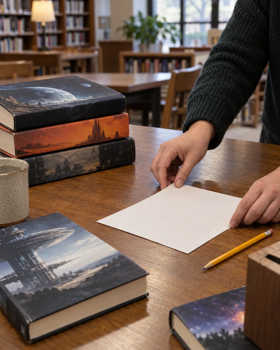 AI-generated generic readers' poll scene; does not depict a specific Locus Awards vote. Prompt: “Photorealistic editorial still life of a reader's annual science-fiction ballot: anonymous hands placing a blank paper ballot beside generic novels and a pencil, community library table, vertical 4:5. No legible writing, real book titles, logos, or claim this shows a specific Locus Awards vote. Documentary realism.” Generated 2026-10-19.