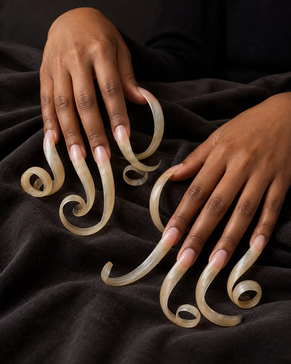 AI-generated cover showing a fictional adult’s exceptionally long natural fingernails; not Melvin Boothe and no exact measurement implied. Reused from fact 1578. Prompt: “Photorealistic vertical 4:5 editorial cover showing a fictional adult person's hands with exceptionally long, carefully coiled natural fingernails displayed on a dark neutral cloth, respectful beauty-documentary framing, both hands visible, soft studio light, no face. This is an illustrative fictional example, not Ayanna Williams and not an exact measurement. No text, numbers, ruler, logos, or identifying details.” Generated 20 October 2026.