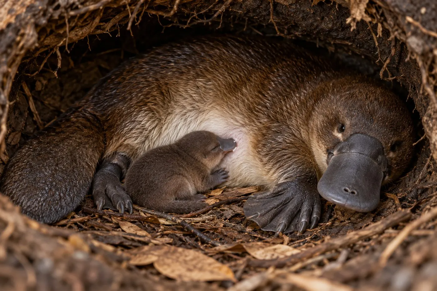 AI-generated educational scene of a mother platypus feeding a dependent young in the burrow.