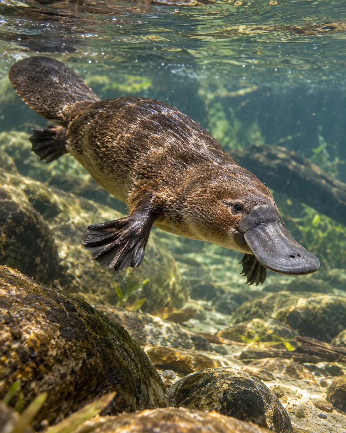 Титульна AI-згенерована ілюстрація / AI-generated cover illustration. Platypus swimming underwater in a clear Australian stream.