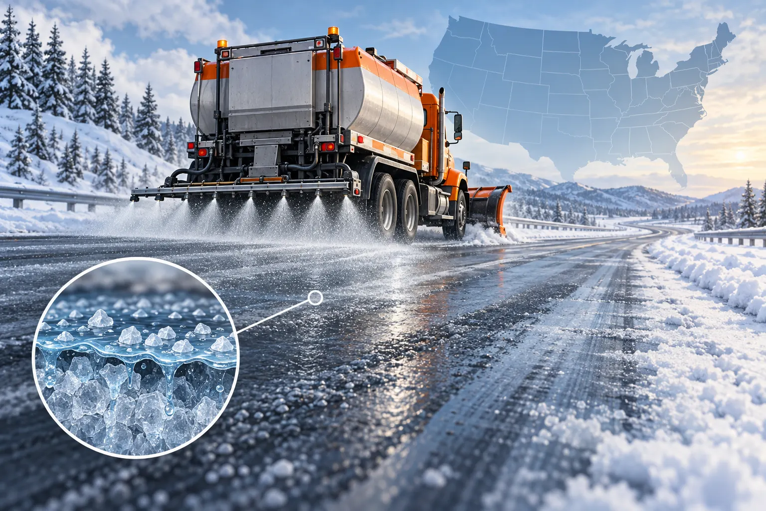 existing AI-generated/synthetic winter road treatment illustration. It is not a photograph or documentary evidence. Prompt/description: a salt-spreading truck on a snowy U.S. highway, with a stylized ice inset and map. Creator: AI image generation for this package; no external license or attribution required. Disclose synthetic status in the post and video.