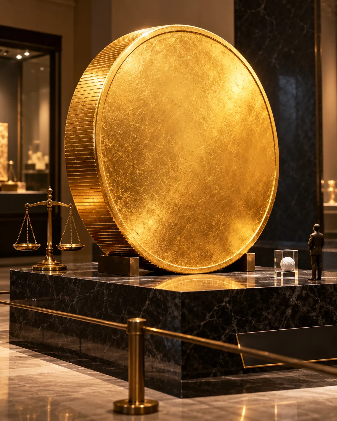 AI-generated symbolic illustration of a massive blank gold coin beside small scale references. It does not reproduce the specific Canadian coin or its design. Generated with OpenAI image generation; no external source or reuse license applies.