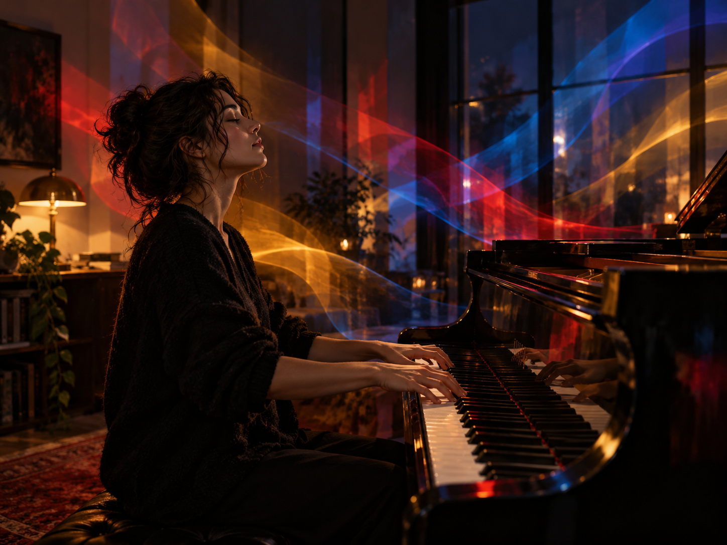 AI-generated subjective metaphor of a pianist surrounded by restrained color reflections, representing one possible music-colour synaesthetic experience.