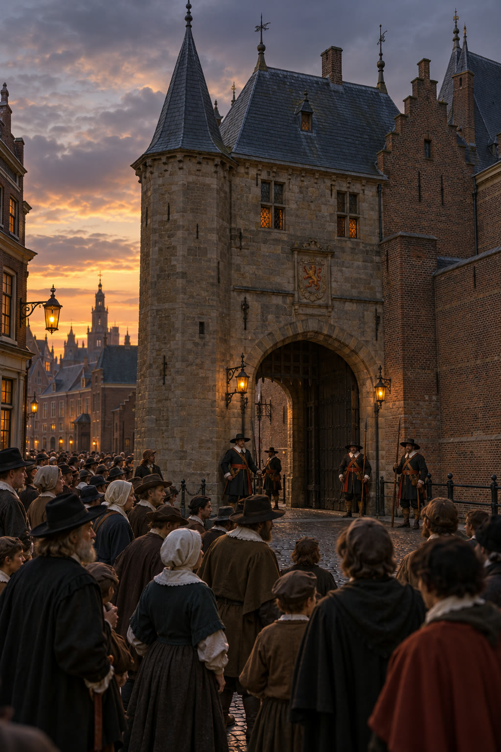 AI-generated non-graphic reconstruction of the Gevangenpoort and a tense crowd in The Hague, not documentary evidence. Generated with OpenAI image generation on 2026-10-25.