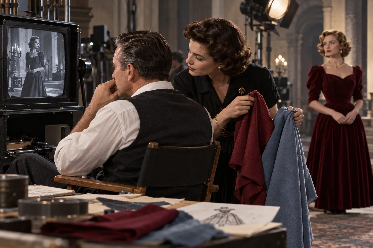 AI-generated supplementary illustration. Director reviews a film frame with a costume designer holding contrasting fabrics; editorial reconstruction.