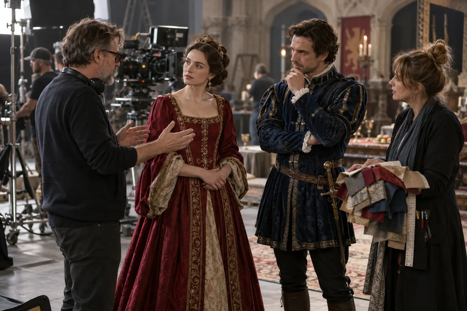 AI-generated supplementary illustration. Director and costume designer discuss distinct costume palettes with actors between takes; editorial reconstruction.