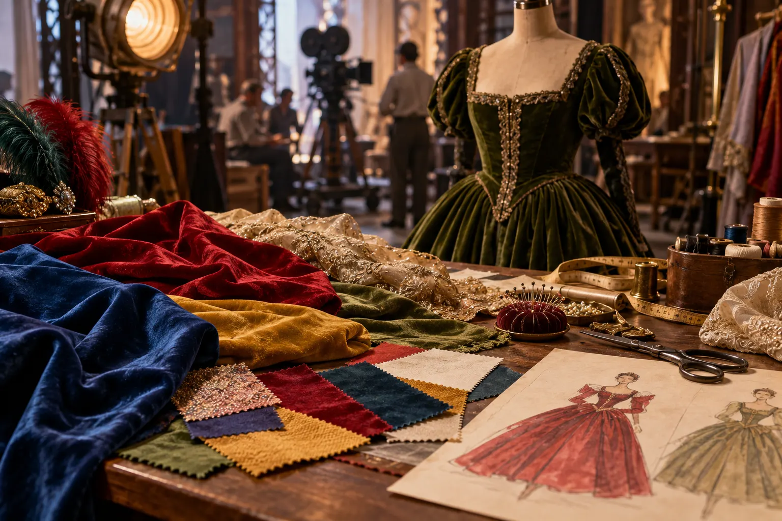 AI-generated supplementary illustration. Mid-century film costume worktable with contrasting fabric swatches and a period costume; editorial reconstruction, not a documentary workshop photo.