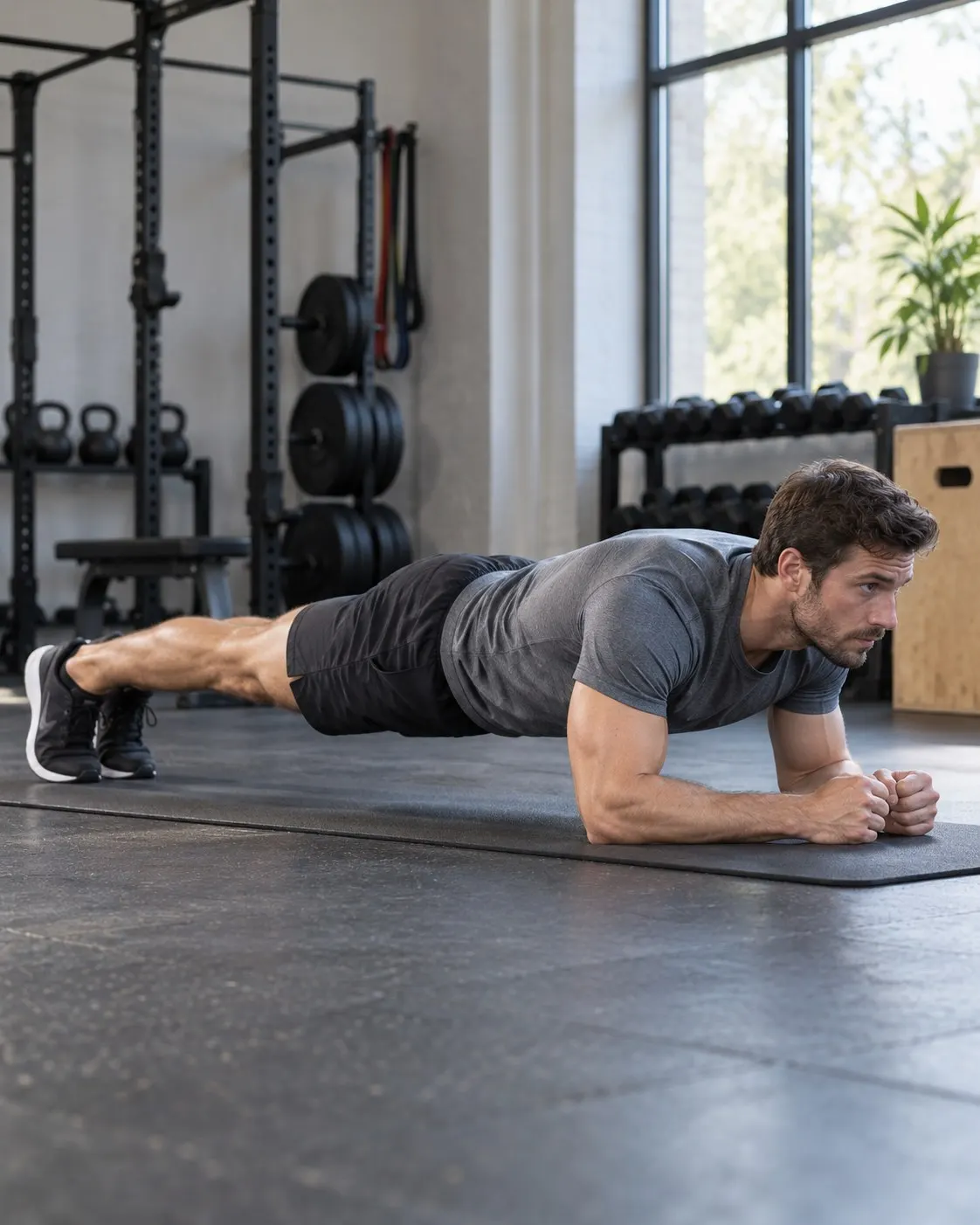 AI-generated cover of a fictional adult male athlete holding a forearm plank; not George Hood, Mao Weidong or either record attempt, with no duration implied. Prompt: “Photorealistic vertical 4:5 editorial cover of a fictional adult male athlete holding a forearm plank on a gym mat, side view, strong straight body alignment, calm focused expression, simple training gym, natural light. Not George Hood or Mao Weidong and not a record attempt; no duration implied. No stopwatch, text, logos or numbers.” Generated 20 October 2026.