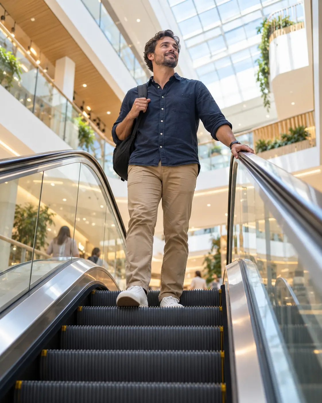 AI-generated cover of a fictional commuter using an escalator in a generic shopping centre; not Suresh Joachim or his record attempt. Prompt: “Photorealistic vertical 4:5 editorial cover of a fictional adult commuter standing safely on an escalator in a modern Australian shopping centre, viewed from below with the escalator rising through a bright atrium, everyday calm scene, no brand signs. Generic illustration, not Suresh Joachim or his record attempt. No text, logos, readable signs or numbers.” Generated 20 October 2026.