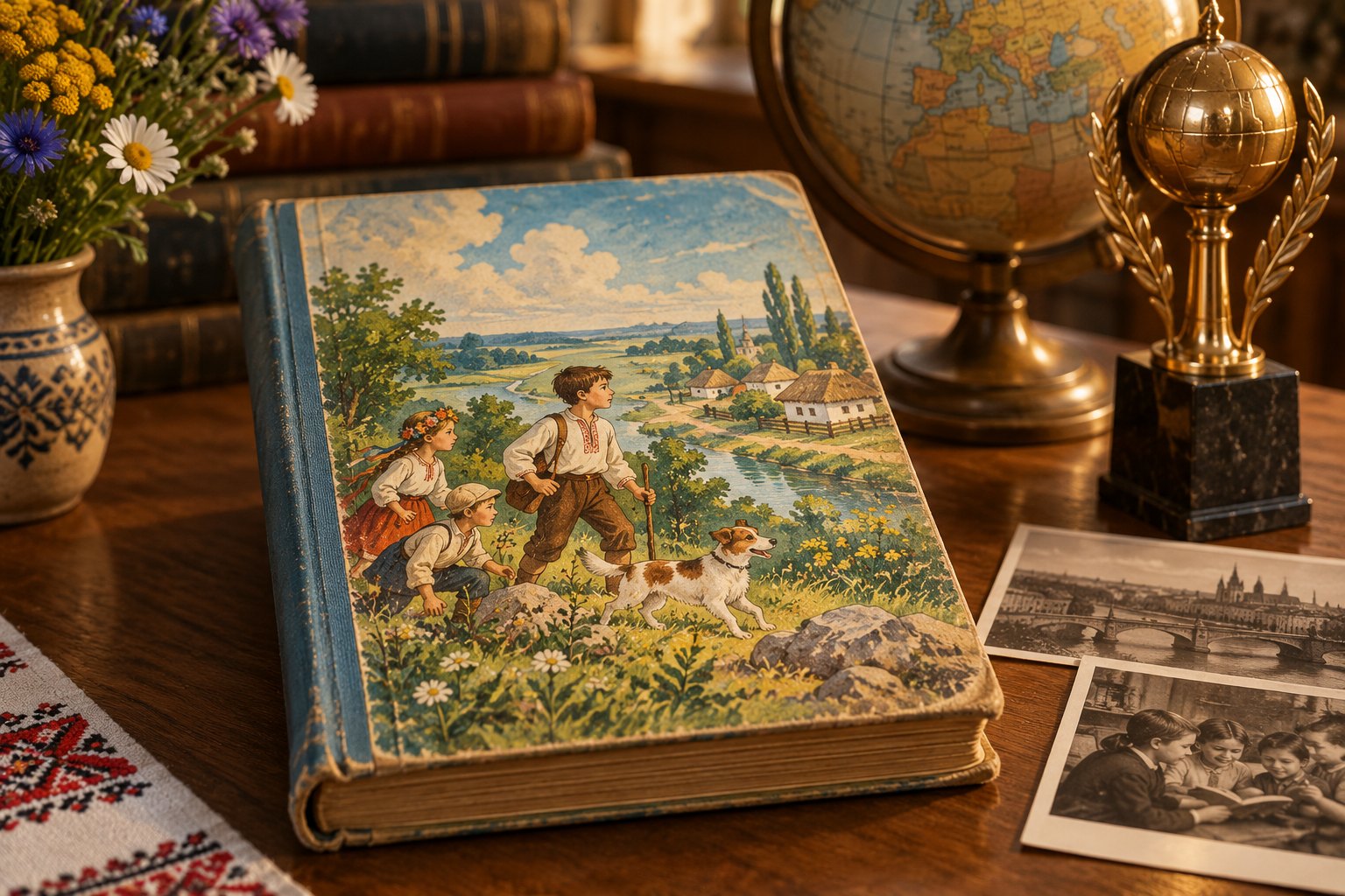 generic Ukrainian children’s adventure book on a reading table.