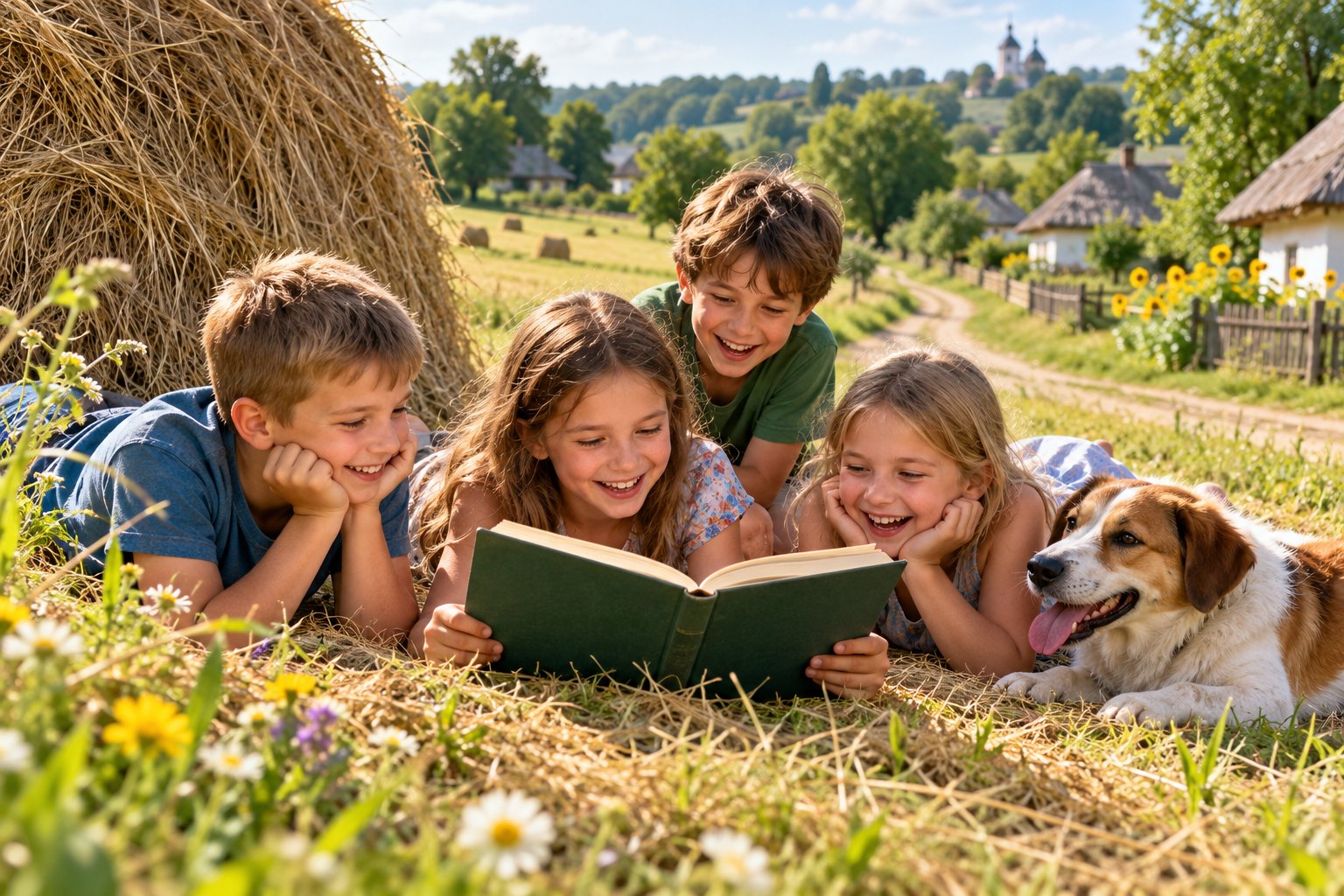 rural summer reading scene, illustrative only.