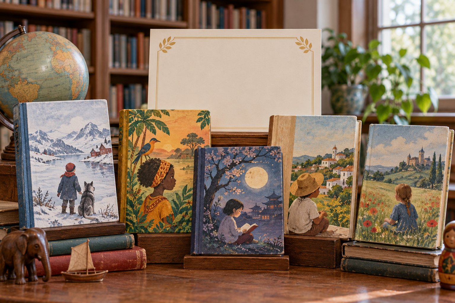 symbolic library display of international children’s literature.