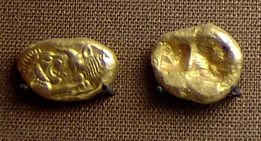 Lydian coin, sixth century BCE, identified by the photographer as part of the Pergamonmuseum collection in Berlin.