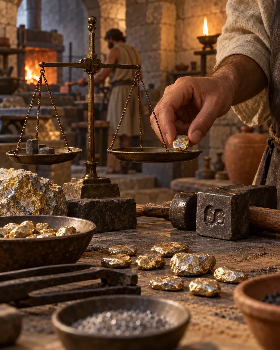 A reconstructed early electrum mint scene showing a small alloy coin weighed on a balance; no specific known coin is depicted.