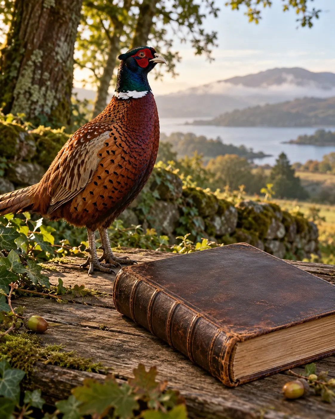 AI-generated cover of a generic European game bird beside a blank old reference book; not the bird or book from Hugh Beaver’s story. Prompt: “Photorealistic vertical 4:5 editorial cover of a wild European game bird standing on an Irish woodland edge beside an old blank leather-bound reference book on a rustic wooden surface, early-morning natural light, historically evocative but realistic. Generic bird and book, not the bird from Hugh Beaver's hunting-trip dispute and not the first Guinness edition. No hunting, weapons, text, logos or readable marks.” Generated 20 October 2026.