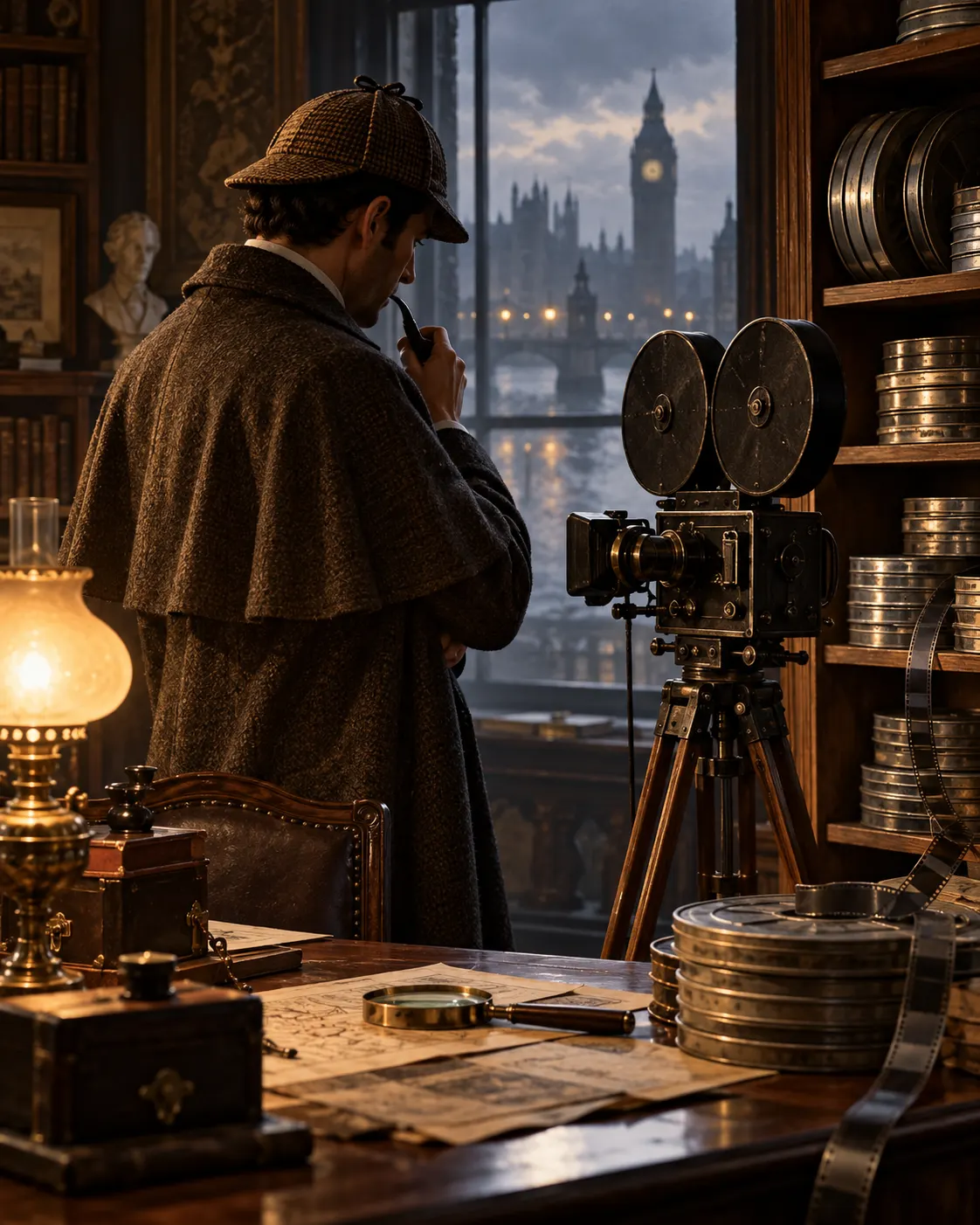AI-generated symbolic cover of an anonymous Victorian detective beside an antique film camera; not a screen adaptation or actor portrait.