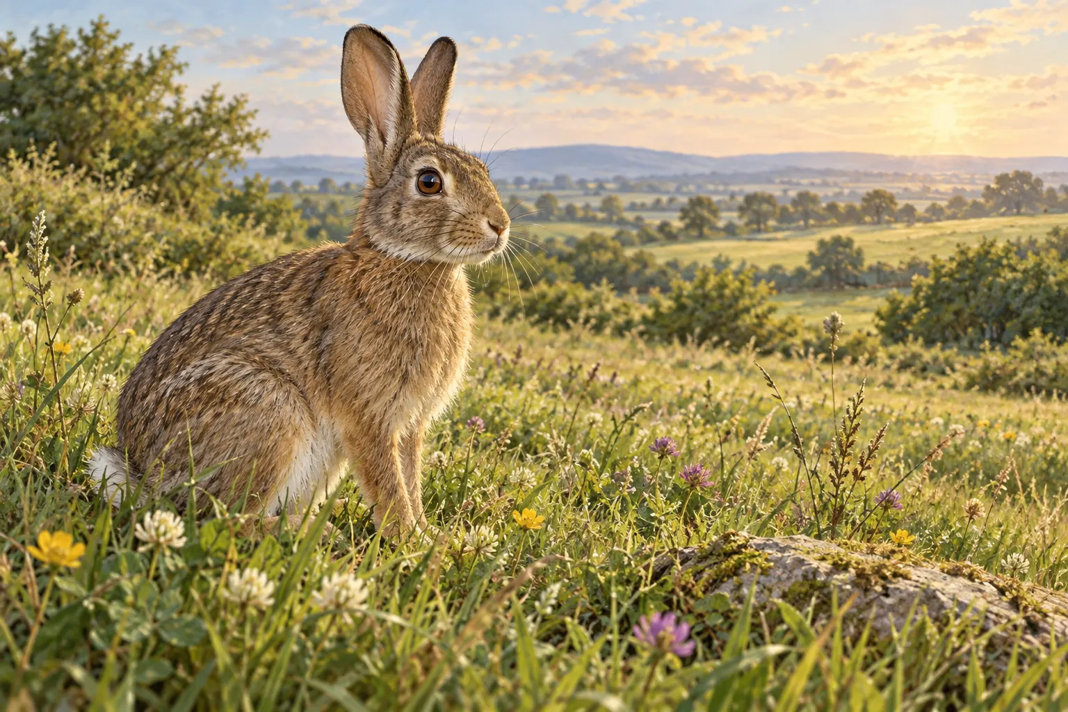 original AI-generated natural-history illustration of a rabbit in a meadow, emphasizing the lateral eye placement. Created 2026-10-13 with the image-generation tool from the prompt: “Create a warm, scientifically plausible natural-history illustration of a European rabbit alert in a meadow, head turned slightly to show the eyes positioned high on the sides of the head and the surrounding open field. Convey panoramic awareness without arrows, labels, a human-view perspective diagram, or an impossible visual field. Rabbit anatomy accurate, soft morning light, painterly science-magazine style, clearly an illustration not a photo, no text or watermark, horizontal 3:2 composition.” Synthetic illustration; not documentary evidence. No third-party license or attribution applies.