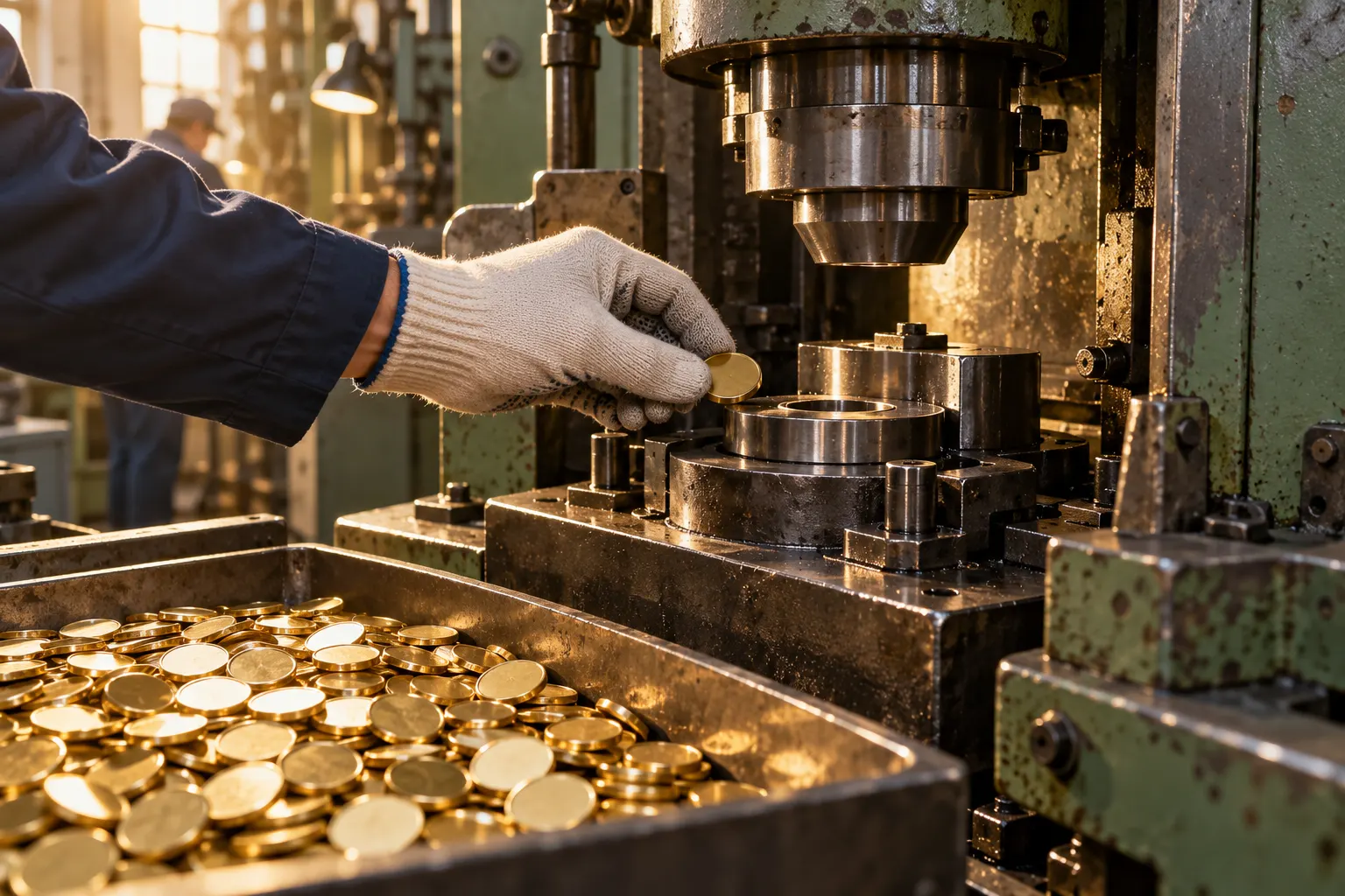 Титульна AI-згенерована ілюстрація / AI-generated cover illustration. Generic 1990s coin-production press with coin blanks; illustrative reconstruction, not the actual Ukrainian Mint machinery.