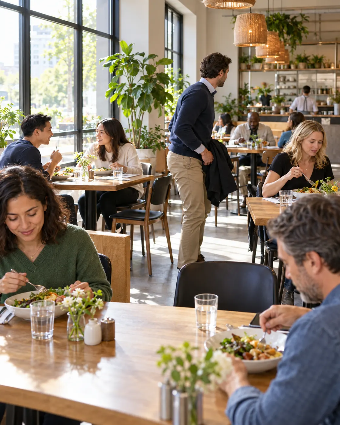 AI illustration of a casual cafe with diners at different stages of their meals.