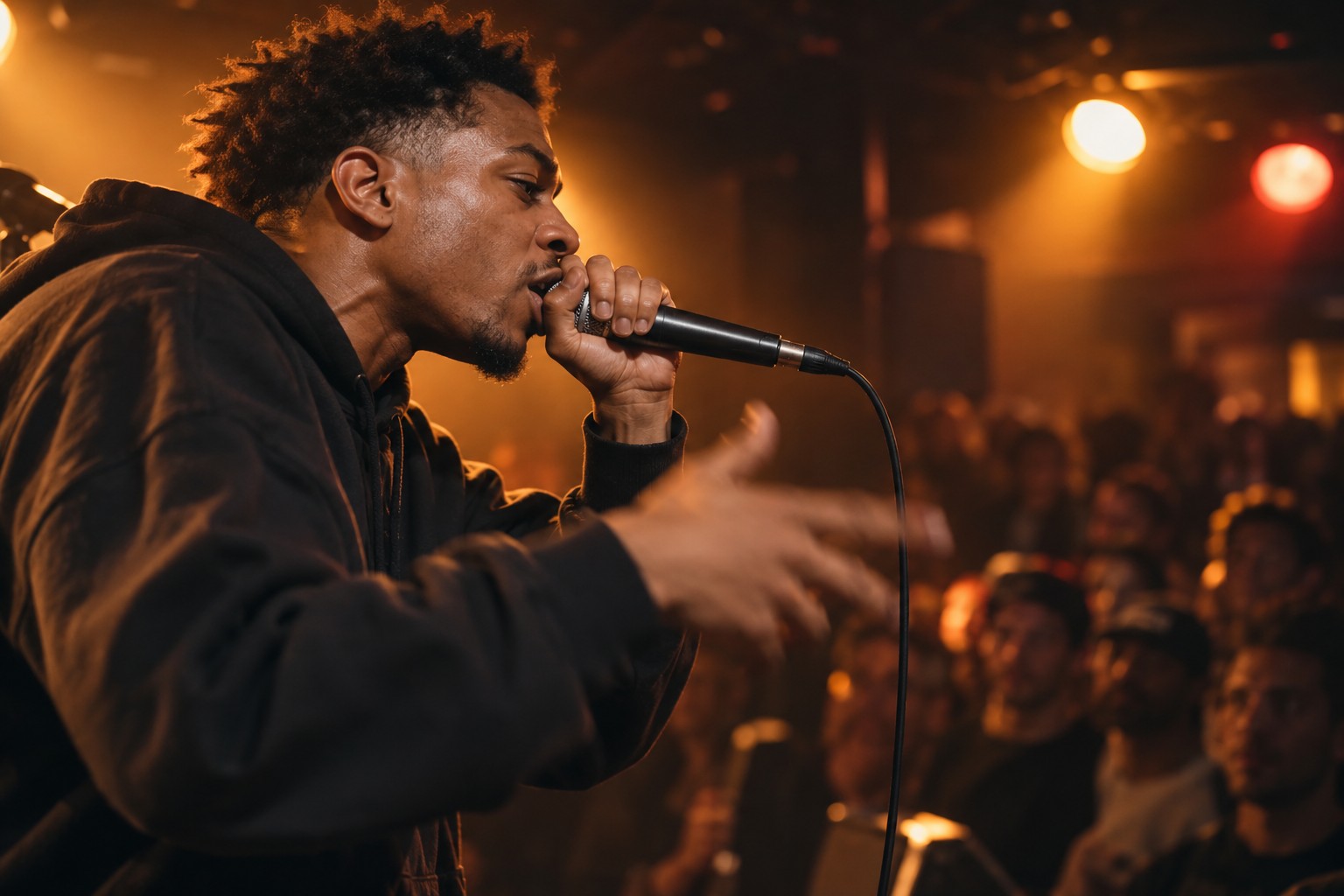 AI-generated illustration of an unnamed rapper performing; not NoClue and not documentary evidence. Generated with OpenAI image generation on 2026-10-25. Prompt: “A photorealistic editorial illustration of an unnamed hip-hop performer delivering an exceptionally rapid verse on a small club stage, close-up profile at a microphone, expressive motion and subtle blur in the free hand, warm stage lights, audience softly out of focus. No recognizable real person, no logos, no readable lyrics, no words or labels, no collage. Convey speed through posture and atmosphere, not visual effects or numerical graphics. Illustrative reconstruction, not documentary evidence.” Converted from PNG to JPEG.