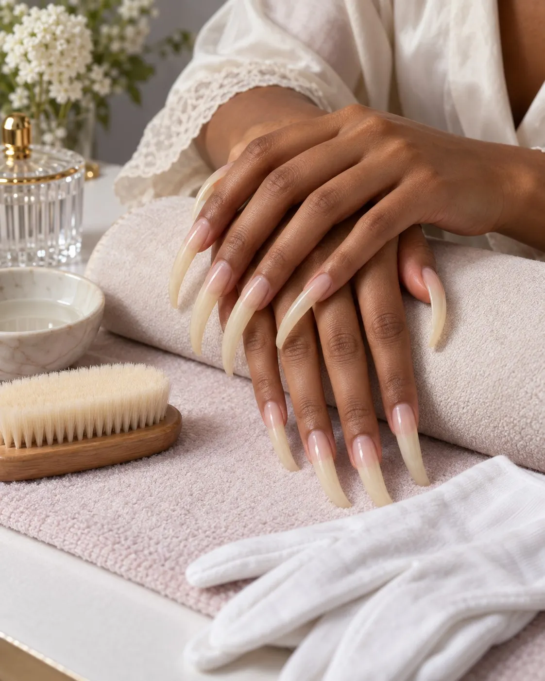 AI-generated fictional long-nail care still life; not Williams or her nails. Prompt: “Photorealistic vertical 4:5 editorial still life of a fictional long-nail care setup: a pair of hands with exceptionally long natural fingernails resting carefully on a padded table, soft nail brush and cotton gloves nearby, clean studio, respectful documentary beauty styling. Not Ayanna Williams; no exact measurement implied. No face, no text, logos, ruler or numbers.” Generated 20 October 2026.