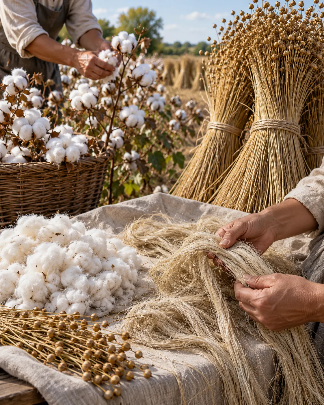 Cotton bolls and flax fibers shown as distinct raw materials for durable paper.