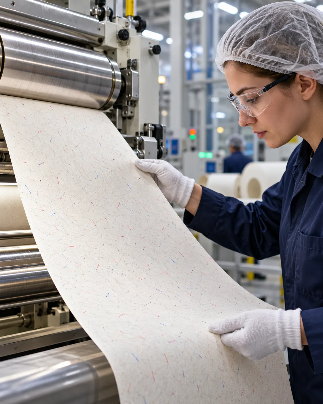 A worker examines durable security paper leaving a press; the sheet is blank and not a banknote.