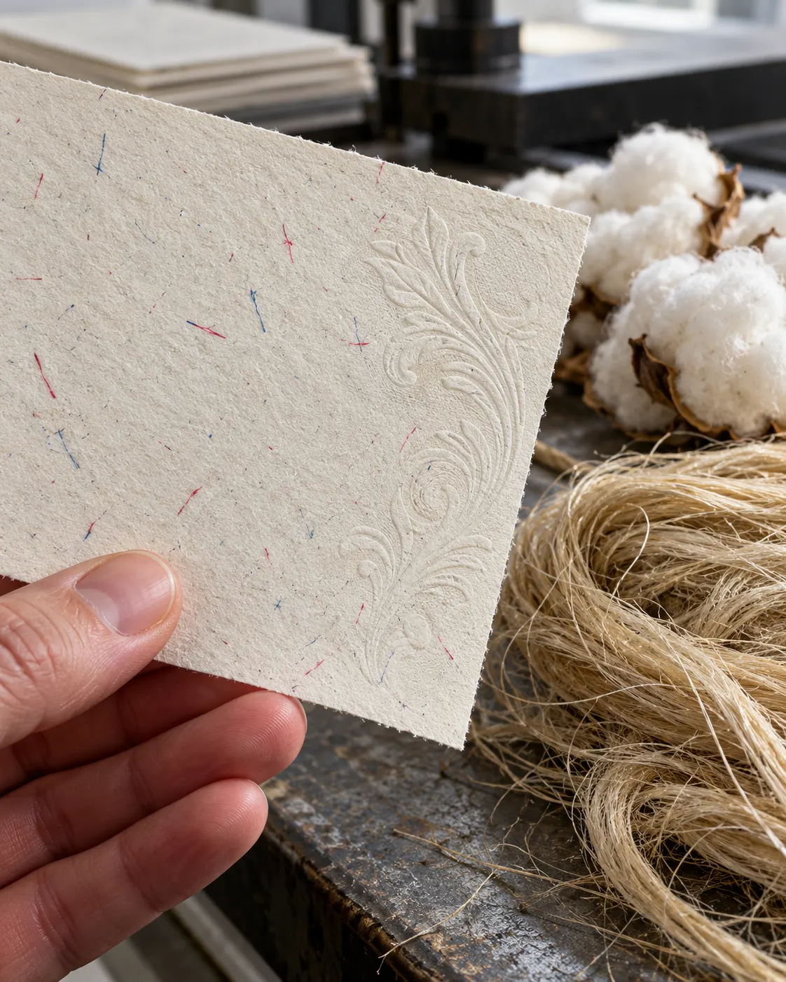 Durable cotton-and-linen security paper with embedded colored fibers beside cotton and flax; no currency design is shown.