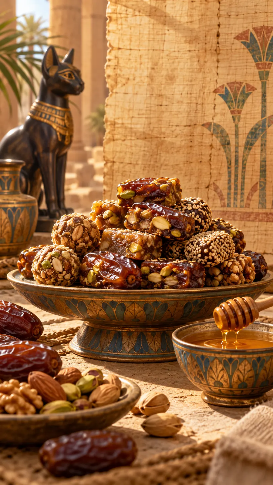 AI-generated still life of dates, honey and nuts; not a precise historical reconstruction. Origin: OpenAI image generation, 2026-10-25.