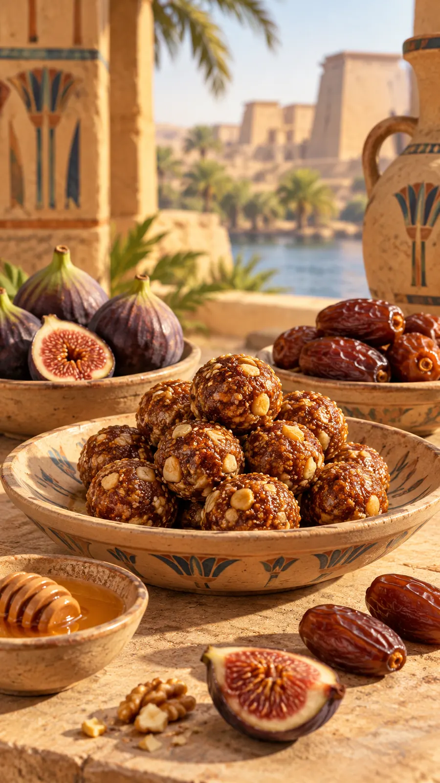 AI-generated ancient Egyptian-inspired date and honey sweets, not an archaeological photograph. Origin: OpenAI image generation, 2026-10-25.