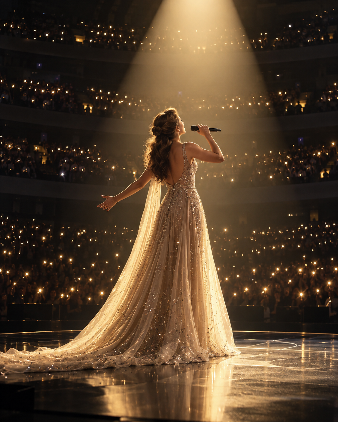 AI-generated symbolic cover of an anonymous woman singer performing in an arena; not Celine Dion or a real concert.