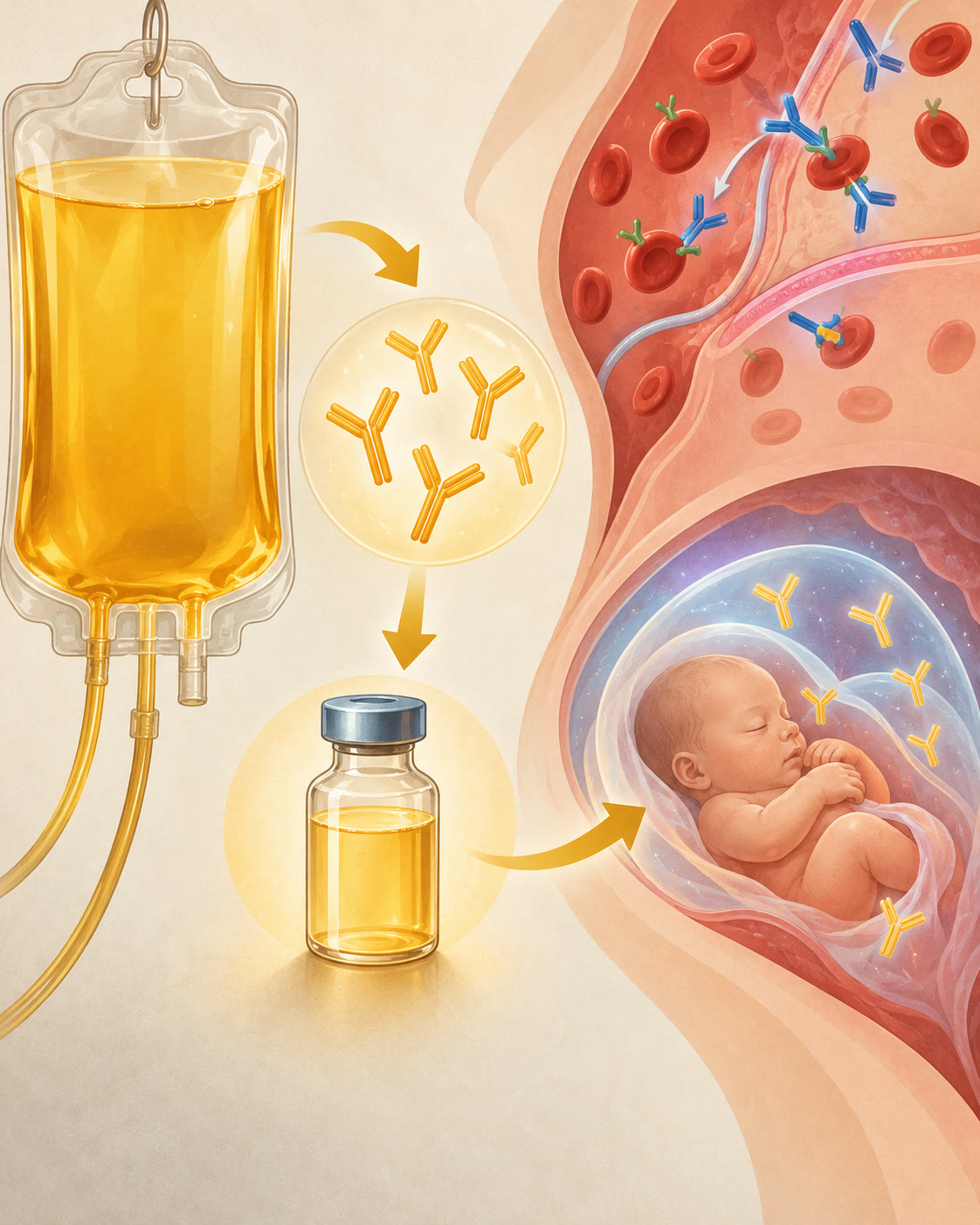 AI-generated conceptual illustration of donated plasma, red blood cells, and anti-D medicine; not an actual donation record, clinical image, or depiction of James Harrison. Generated 2026-10-29. Prompt: “Create a vertical 4:5 educational editorial illustration about donated plasma and anti-D medicine. Show a clear amber-yellow plasma bag next to a tasteful small schematic of red blood cells and a newborn protected from Rh incompatibility, using clean museum-science illustration style, warm restrained palette, non-photorealistic but detailed. No people or identifiable real person, no text, letters, labels, numbers, logos, medical claims, or graphic imagery. The image should communicate plasma donation enabling a medicine, not show an actual medical product or clinical scene.”