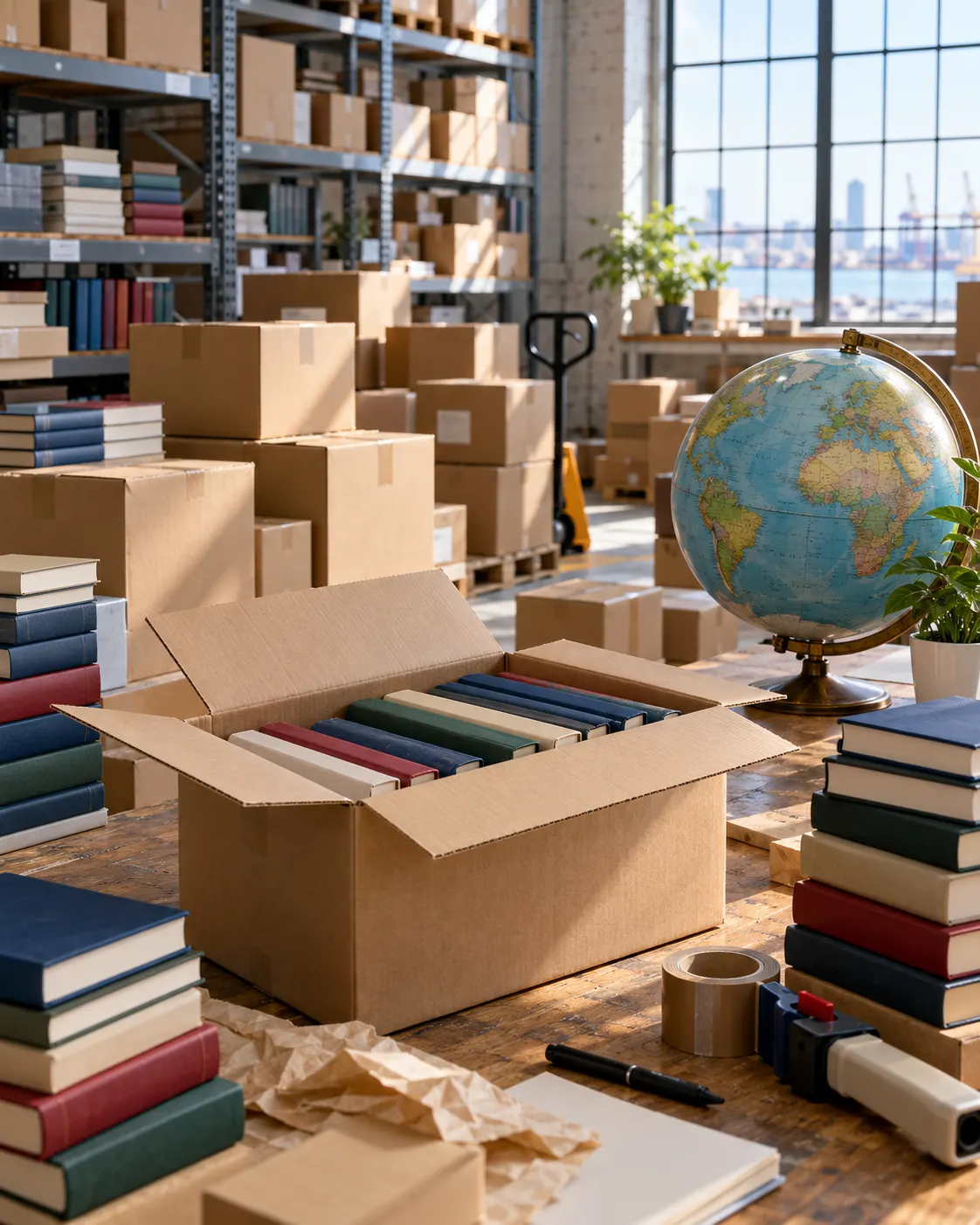 AI-generated generic warehouse scene with books prepared for shipment, evoking international circulation rather than documenting a specific shipment.